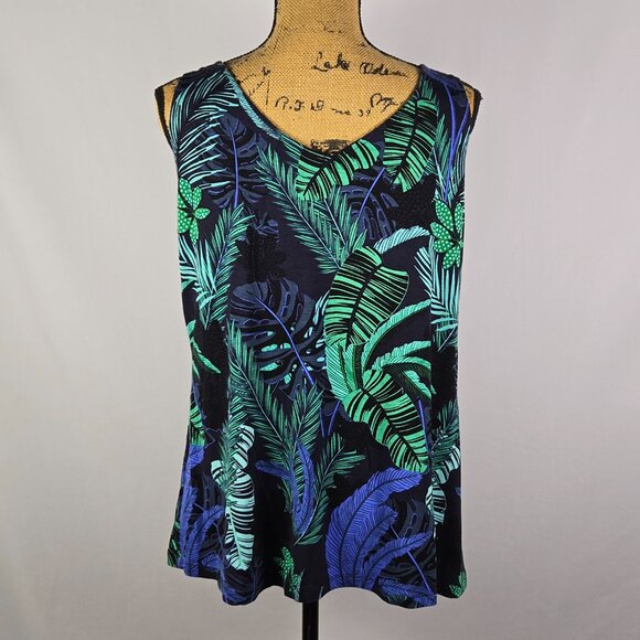 Ellos Tropical Leaf Print Tank Top Womens M Sleeveless Rayon Green Resort Boho - Picture 3 of 10